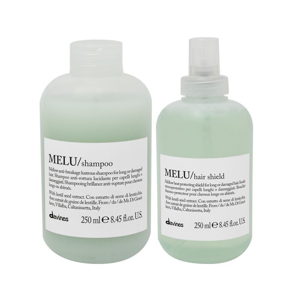 Davines MELU, zestaw do włosów zniszczonych: Szampon 250 ml + Spray chroniący przed wysoką temperaturą 250 ml