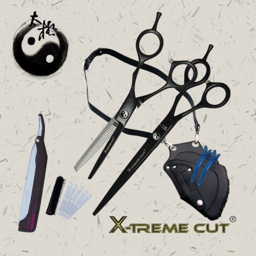 Akashi zestaw fryzjerski do strzyżenia: Nożyczki XC-P70, degażówki XC-PM55, kabura, brzytwa, zapas, klipsy