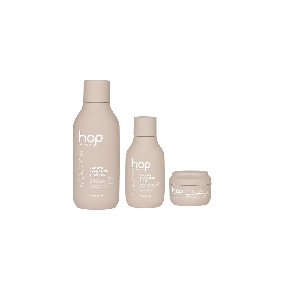 Montibello HOP Smooth Hydration, zestaw nawilżający do włosów suchych i puszących się, szampon + odżywka + maska