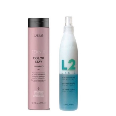 Zestaw Lakme do pielęgnacji włosów farbowanych: Szampon Color Stay 300 ml, odżywka dwufazowa Lak-2 300 ml