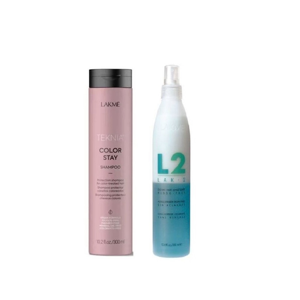 Zestaw Lakme do pielęgnacji włosów farbowanych: Szampon Color Stay 300 ml, odżywka dwufazowa Lak-2 300 ml